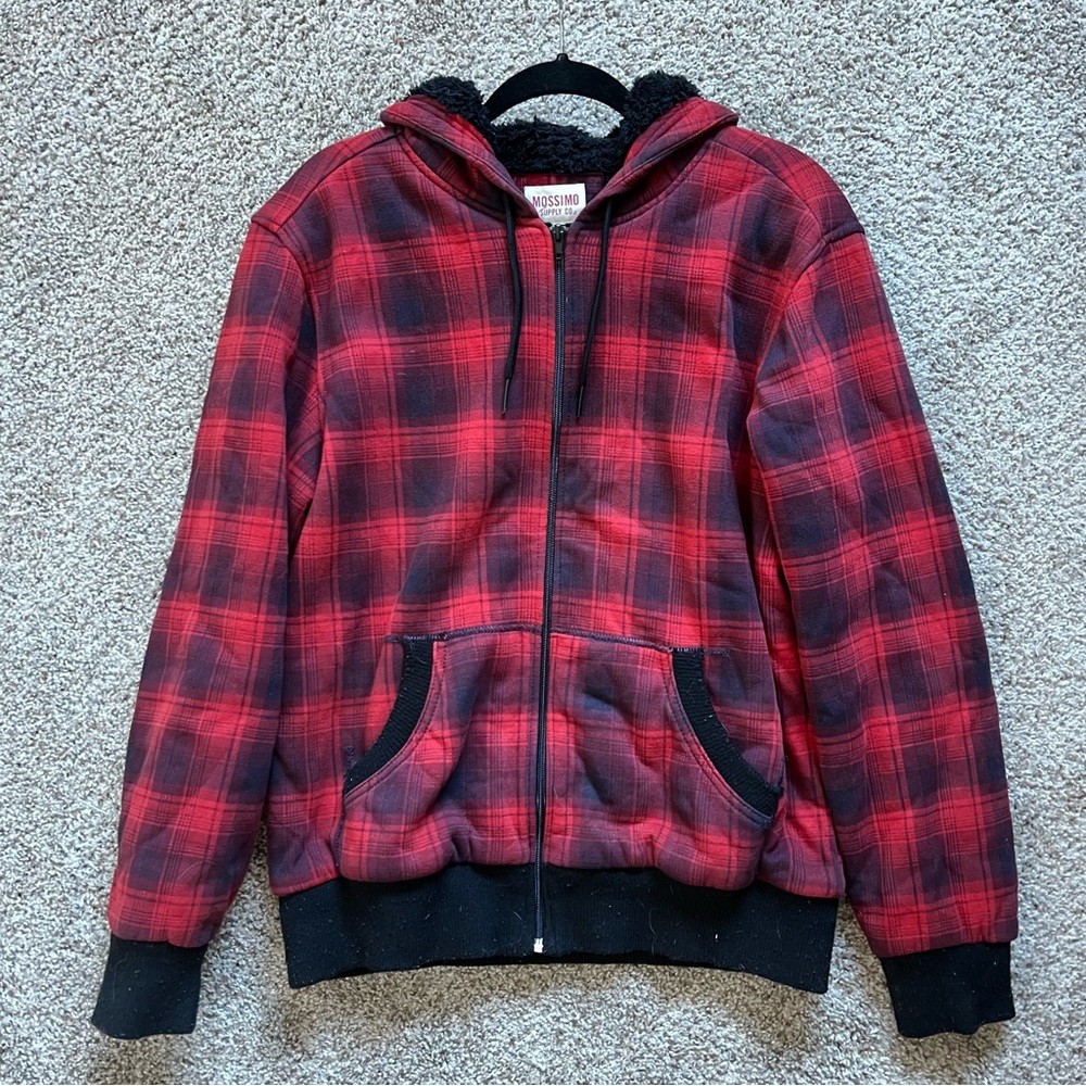 Red and Black plaid fleece zip up sweater jacket with hood